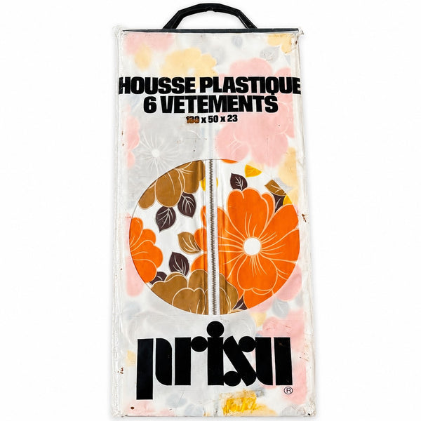 Housse plastique vintage 6 vêtements Prisunic à motifs floraux orange et jaune