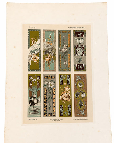 Lithographie ancienne « Fantaisies décoratives », planche 29, par Jules-Auguste Habert-Dys, 1886-1887