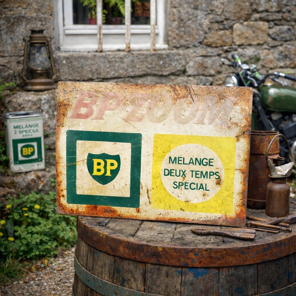 Plaque publicitaire ancienne BP-ZOOM – tôle lithographiée double face