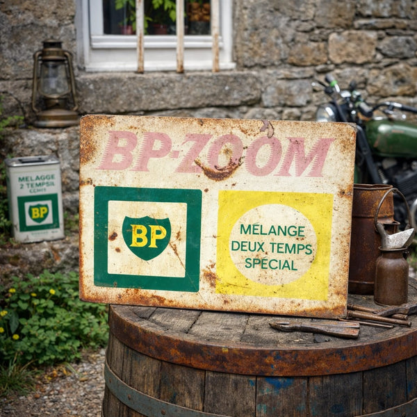 Plaque publicitaire ancienne BP-ZOOM – tôle lithographiée double face