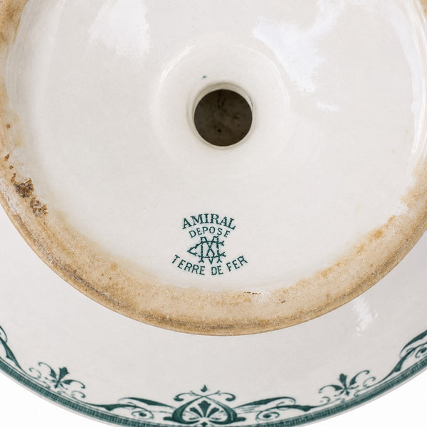 Ancien compotier sur pied Creil et Montereau modèle Amiral en terre de fer décor vert