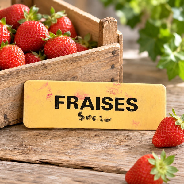 Ancienne étiquette d'épicerie « Fraises » en plastique rigide