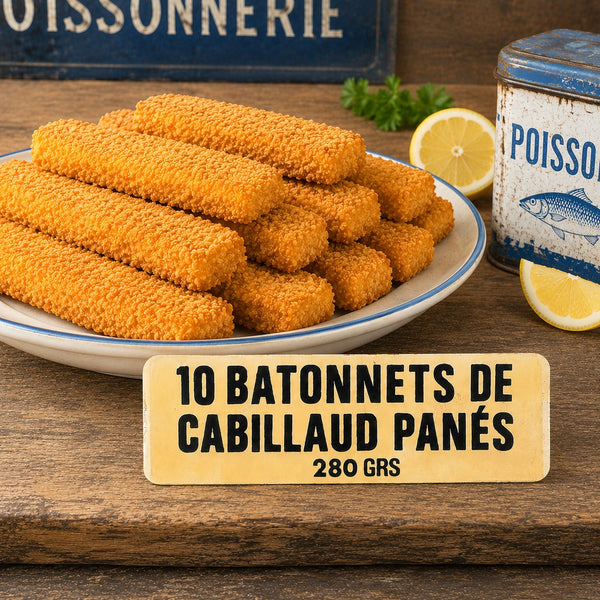Ancienne étiquette d'épicerie « 10 Bâtonnets de cabillaud panés 280 GRS » en plastique rigide