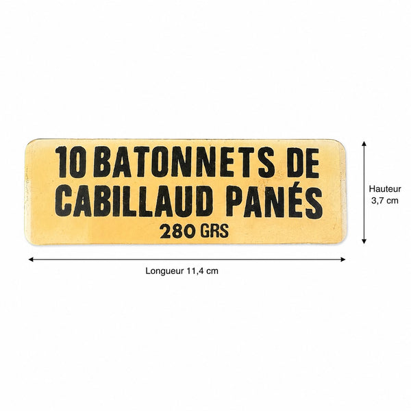 Ancienne étiquette d'épicerie « 10 Bâtonnets de cabillaud panés 280 GRS » en plastique rigide