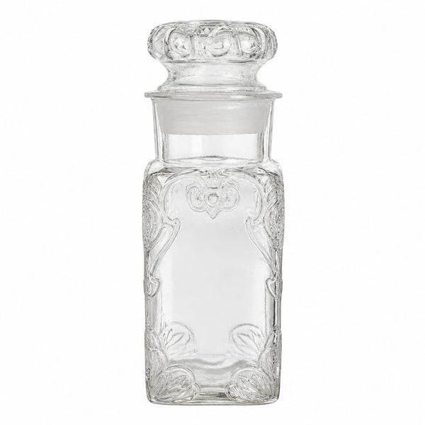 Bocal à bonbons et d'épicerie ancien en verre pressé avec bouchon