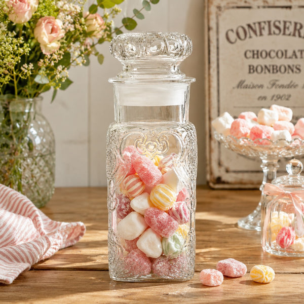 Bocal à bonbons et d'épicerie ancien en verre pressé avec bouchon