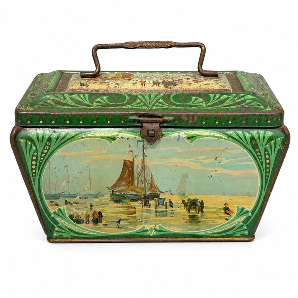 Boîte à biscuits ancienne en tôle lithographiée à décor de pêche et scènes maritimes – Début XXe siècle