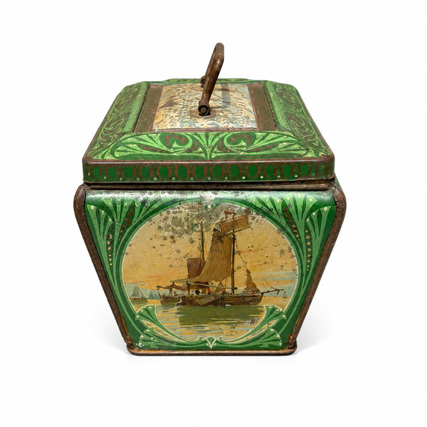 Boîte à biscuits ancienne en tôle lithographiée à décor de pêche et scènes maritimes – Début XXe siècle