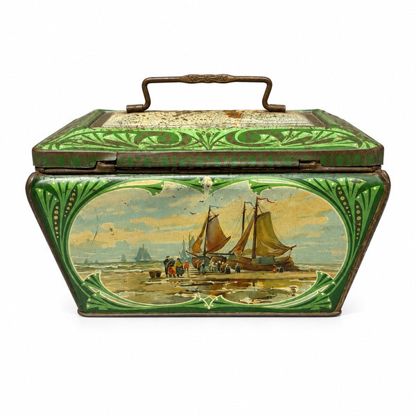 Boîte à biscuits ancienne en tôle lithographiée à décor de pêche et scènes maritimes – Début XXe siècle
