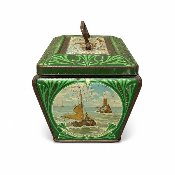 Boîte à biscuits ancienne en tôle lithographiée à décor de pêche et scènes maritimes – Début XXe siècle
