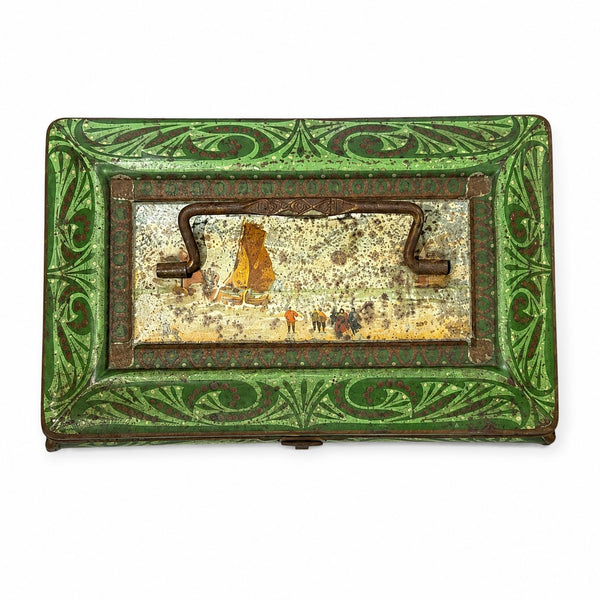 Boîte à biscuits ancienne en tôle lithographiée à décor de pêche et scènes maritimes – Début XXe siècle