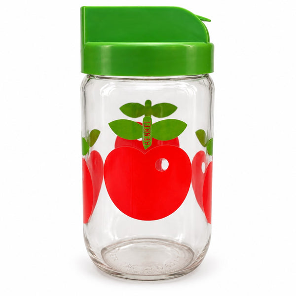 Ancien pot de cuisine Henkel en verre à décor de pommes, couvercle vert à clapet