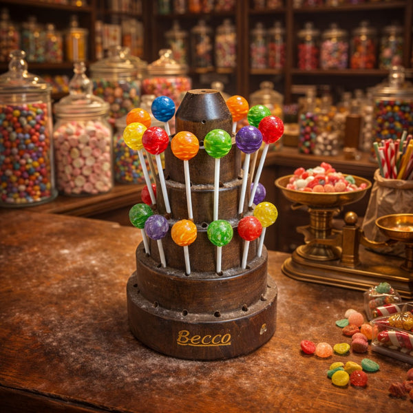 Présentoir ancien à sucettes Becco en bois – 48 emplacements – Confiserie / Boulangerie