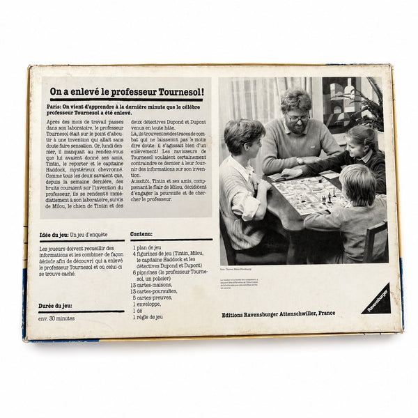 Ancien jeu d'enquête Tintin « Qui a enlevé le professeur Tournesol ? » Ravensburger – Jeu complet avec figurines et accessoires
