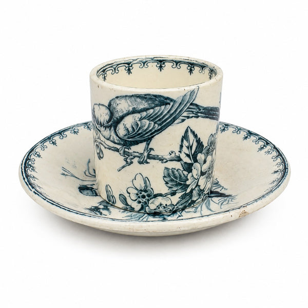 Ancienne tasse de dinette avec sa soucoupe en faïence modèle Mésange – Lunéville