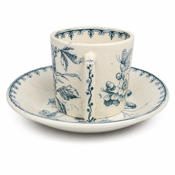 Ancienne tasse de dinette avec sa soucoupe en faïence modèle Mésange – Lunéville