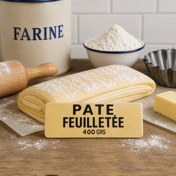 Ancienne étiquette d'épicerie « Pâte feuilletée 400 GRS » en plastique rigide