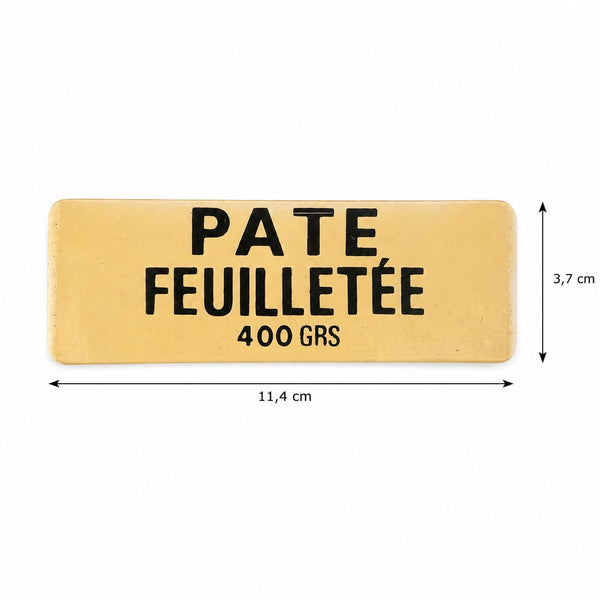 Ancienne étiquette d'épicerie « Pâte feuilletée 400 GRS » en plastique rigide