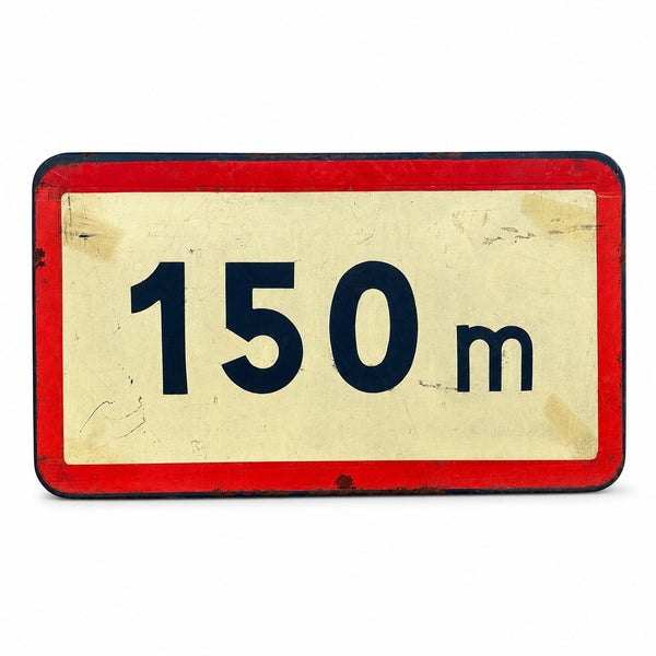 Ancien panneau de signalisation routière « 150 m » en tôle émaillée réfléchissante
