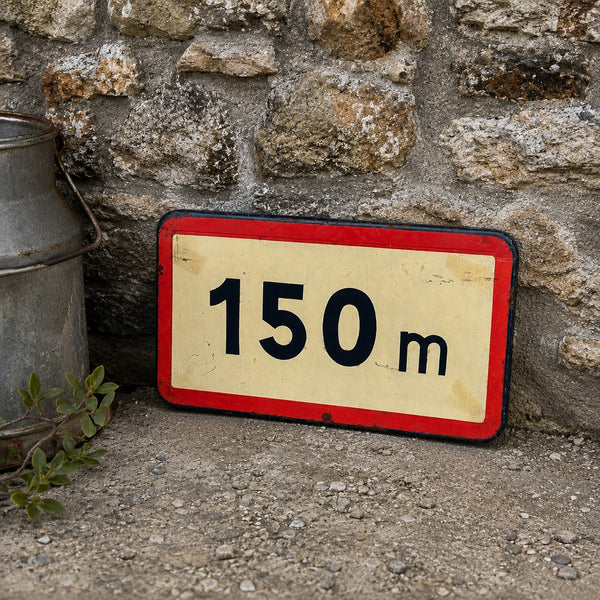Ancien panneau de signalisation routière « 150 m » en tôle émaillée réfléchissante