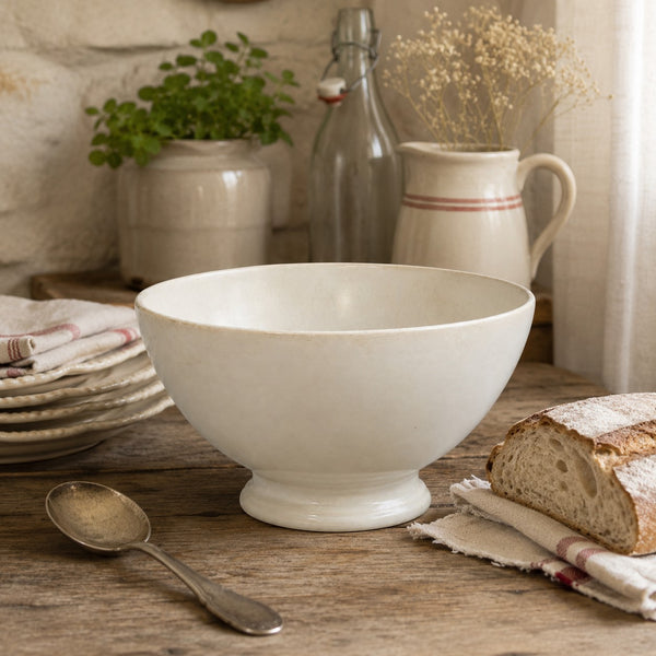 Ancien grand bol à soupe en faïence blanche émaillée sur piédouche – Style bistrot ou campagne française