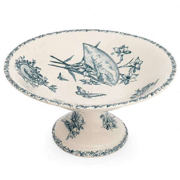 Ancien compotier sur pied en faïence imprimée à décor d'éventails, fleurs et papillons – Badonviller