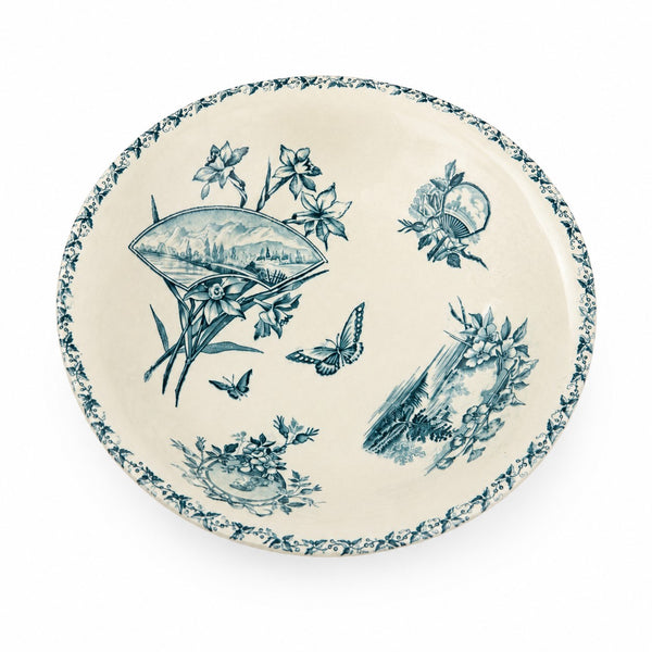Ancien compotier sur pied en faïence imprimée à décor d'éventails, fleurs et papillons – Badonviller