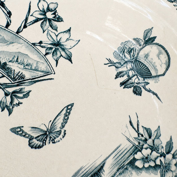 Ancien compotier sur pied en faïence imprimée à décor d'éventails, fleurs et papillons – Badonviller