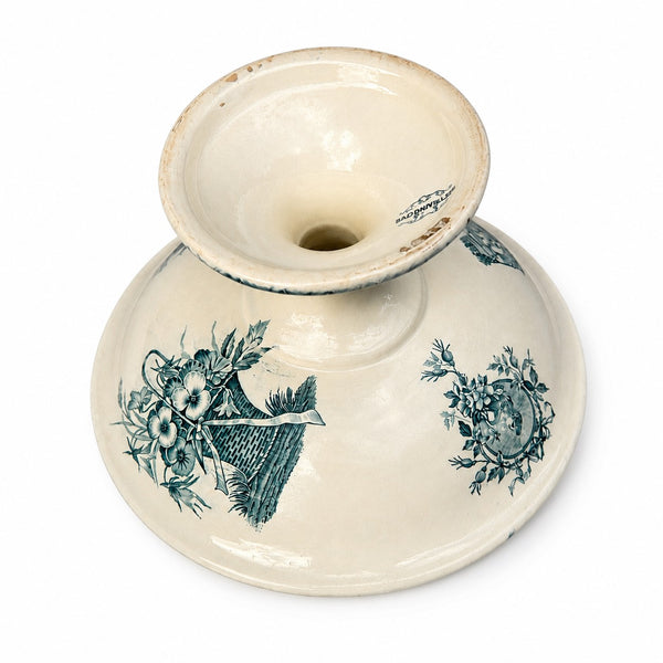 Ancien compotier sur pied en faïence imprimée à décor d'éventails, fleurs et papillons – Badonviller