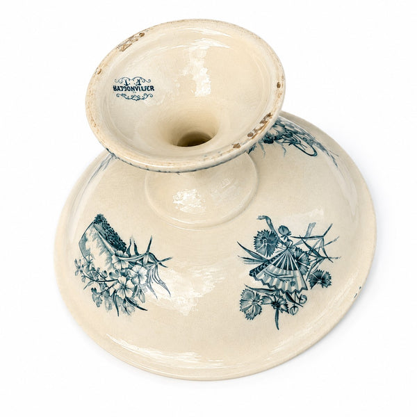 Ancien compotier sur pied en faïence imprimée à décor d'éventails, fleurs et papillons – Badonviller