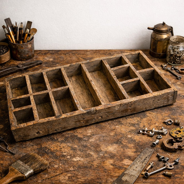 Ancien petit casier trieur d’atelier en bois – 14 compartiments – env. 50 cm