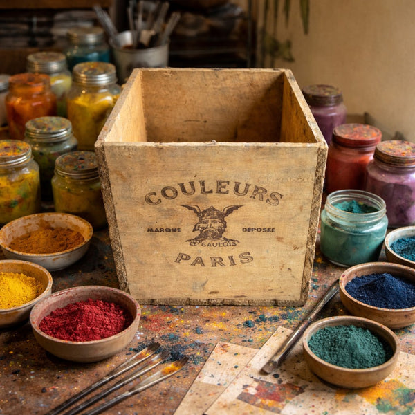 Petite caisse ancienne pigments d’artiste Sienne naturelle – Couleurs Paris – Le Gaulois
