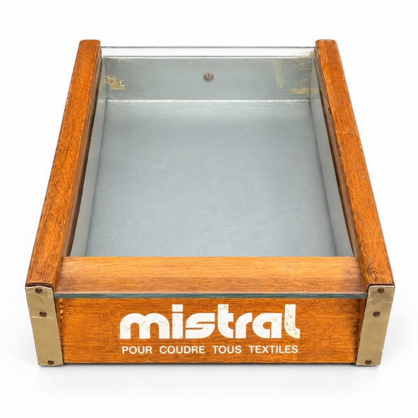 Ancienne vitrine de comptoir publicitaire Mistral – Présentoir de fils à coudre et mercerie