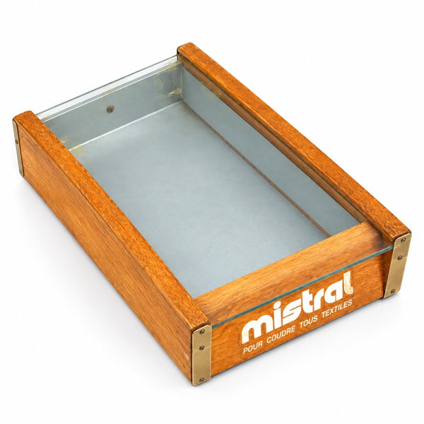 Ancienne vitrine de comptoir publicitaire Mistral – Présentoir de fils à coudre et mercerie