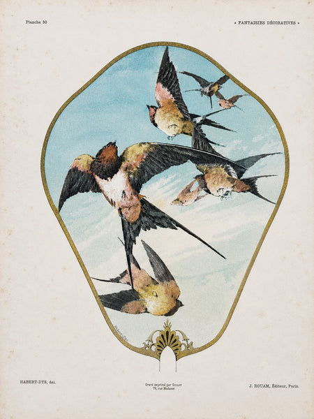 Lithographie ancienne « Fantaisies décoratives », planche 30, par Habert-Dys, 1886-1887