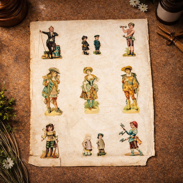 Planche / feuille d’album ancienne de 20 chromos découpis (dont 1 incomplet) – Personnages en costumes d’époque – Recto / Verso