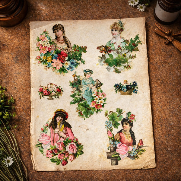 Planche / feuille d’album ancienne de 13 chromos découpis – Décors floraux et figures féminines – Recto / Verso