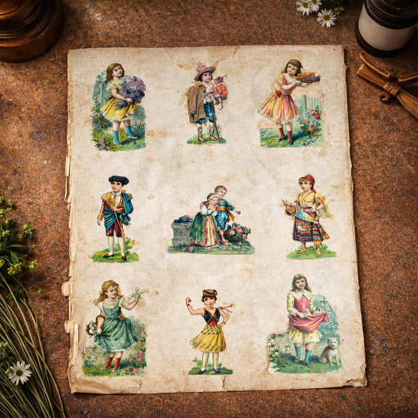Planche / feuille d’album ancienne de 19 chromos découpis – Scènes enfantines et compositions florales – Recto / Verso