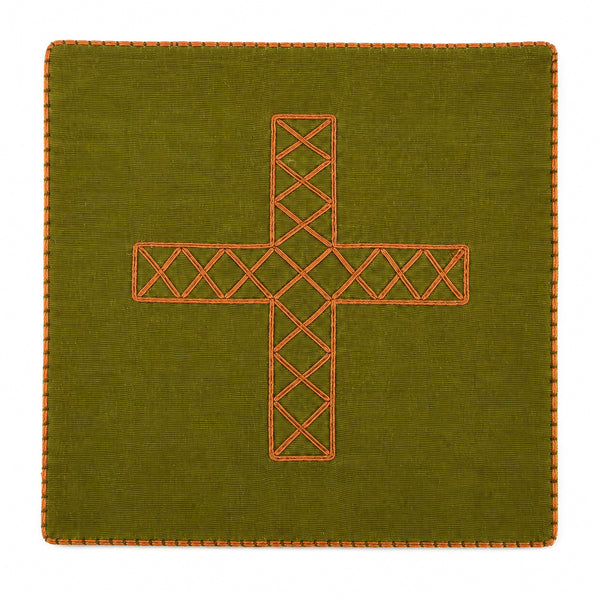 Bourse de corporal liturgique ancienne en soie verte moirée et croix en soutache marron