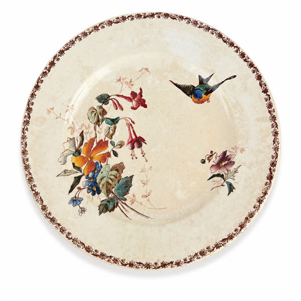 Ancienne assiette en faïence polychrome Choisy-le-Roi décor oiseau distribuée par E. Bourgeois Paris – Fin XIXᵉ siècle