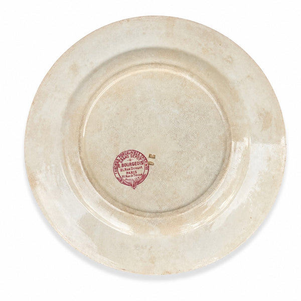 Ancienne assiette en faïence polychrome Choisy-le-Roi décor oiseau distribuée par E. Bourgeois Paris – Fin XIXᵉ siècle