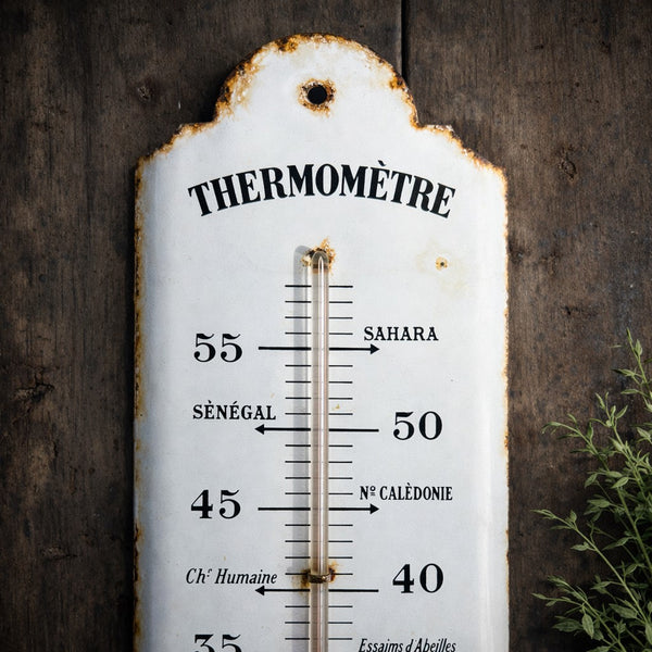Grand thermomètre mural vintage en tôle lithographiée – Panchet à Paris – années 1990 – hauteur 67 cm