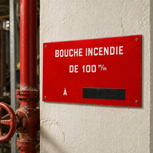Plaque émaillée ancienne « Bouche incendie de 100 mm à ... » – 48 cm x 27 cm