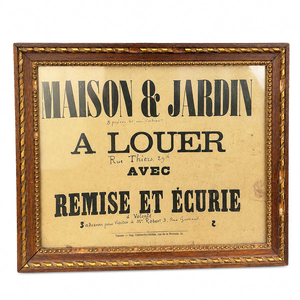 Affiche ancienne encadrée « Maison & Jardin à louer avec remise et écurie »