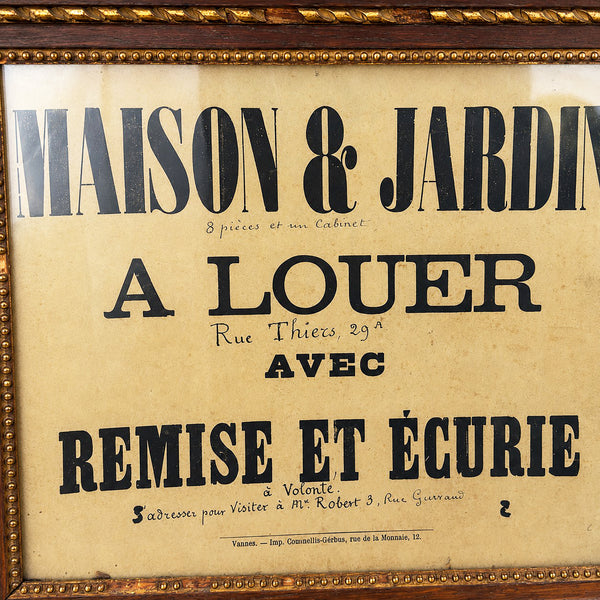 Affiche ancienne encadrée « Maison & Jardin à louer avec remise et écurie »