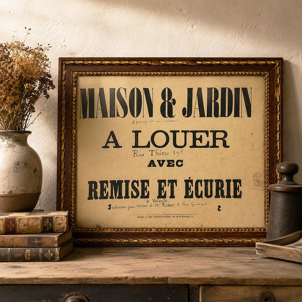 Affiche ancienne encadrée « Maison & Jardin à louer avec remise et écurie »