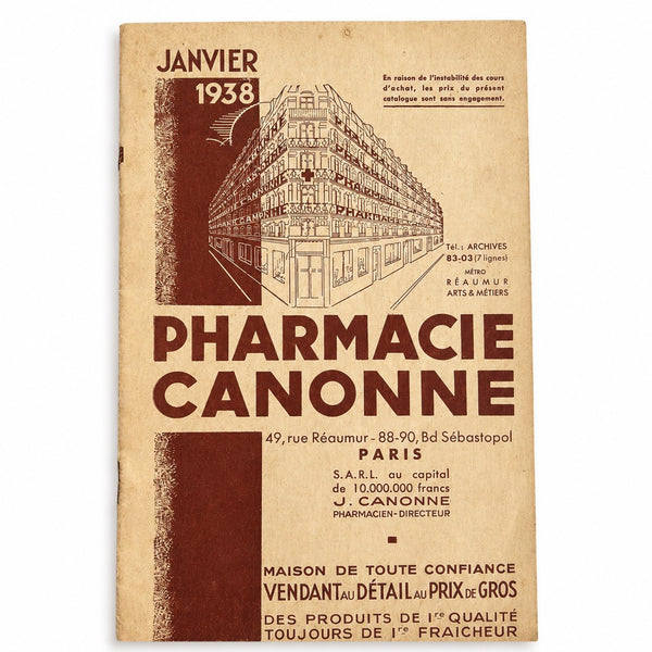 Catalogue Pharmacie Canonne de janvier 1938 – Paris – Produits pharmaceutiques et parapharmacie ancienne