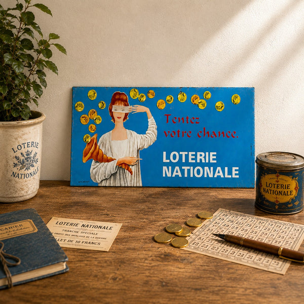 Plaque publicitaire ancienne en tôle lithographiée « Tentez votre chance – Loterie Nationale »