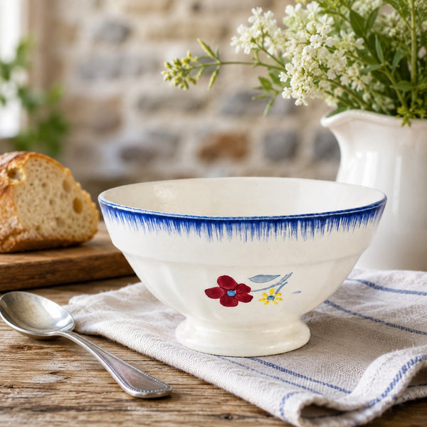 Bol sur pied Digoin France modèle Mary Lou – décor floral bleu & rouge