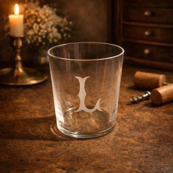 Verre / gobelet ancien en cristal soufflé gravé – Initiale L – XIXe siècle